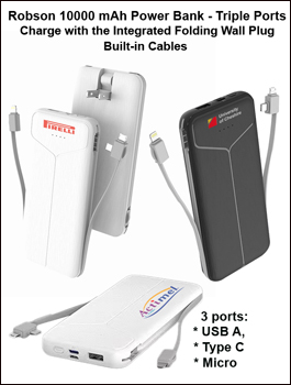 Robson 10000 mAh Power Bank - Triple Ports, Integrated Wall Plug, Built in Cables